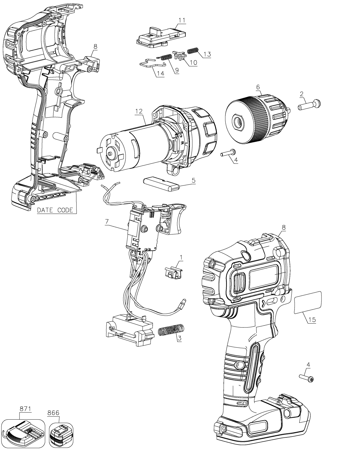 Default Diagram and Parts List for BDCDD220C Type 1 Black and Decker Electric Drill